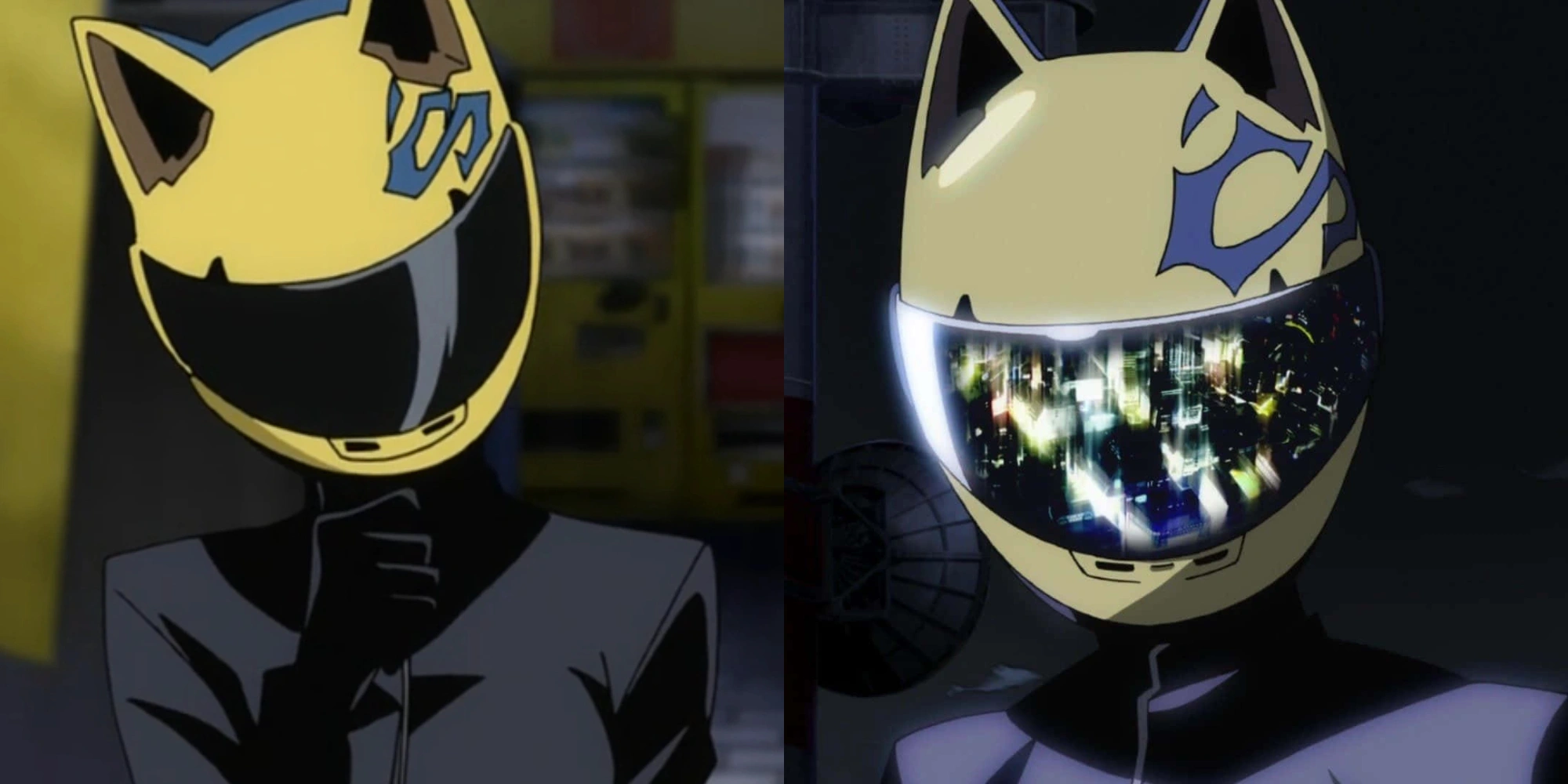 Celty in her black biker suit with her signature yellow helmet