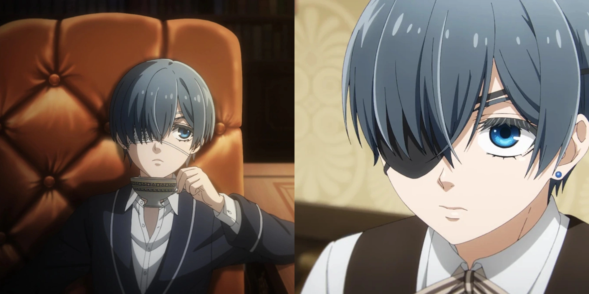 Ciel in his ornate Victorian gothic attire with his signature eyepatch