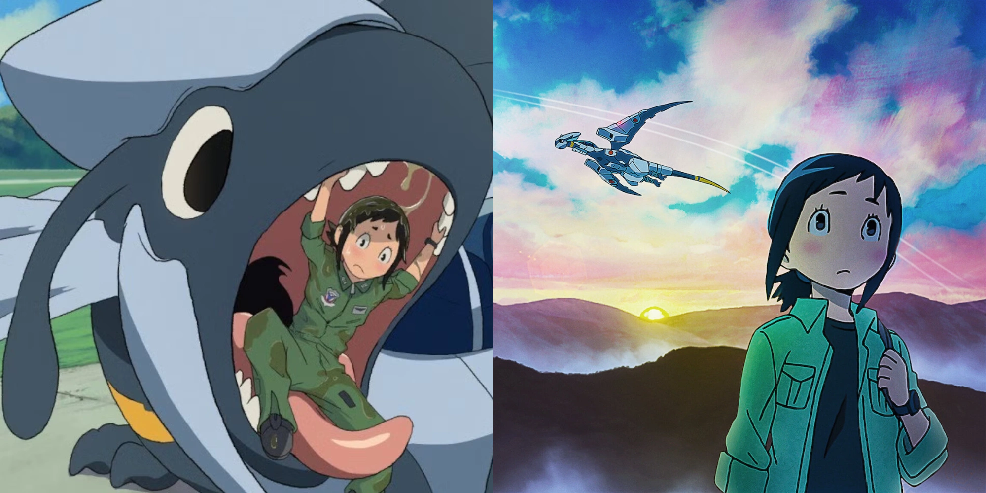 Hisone being swallowed by Maso-tan who is disguised as a jet fighter