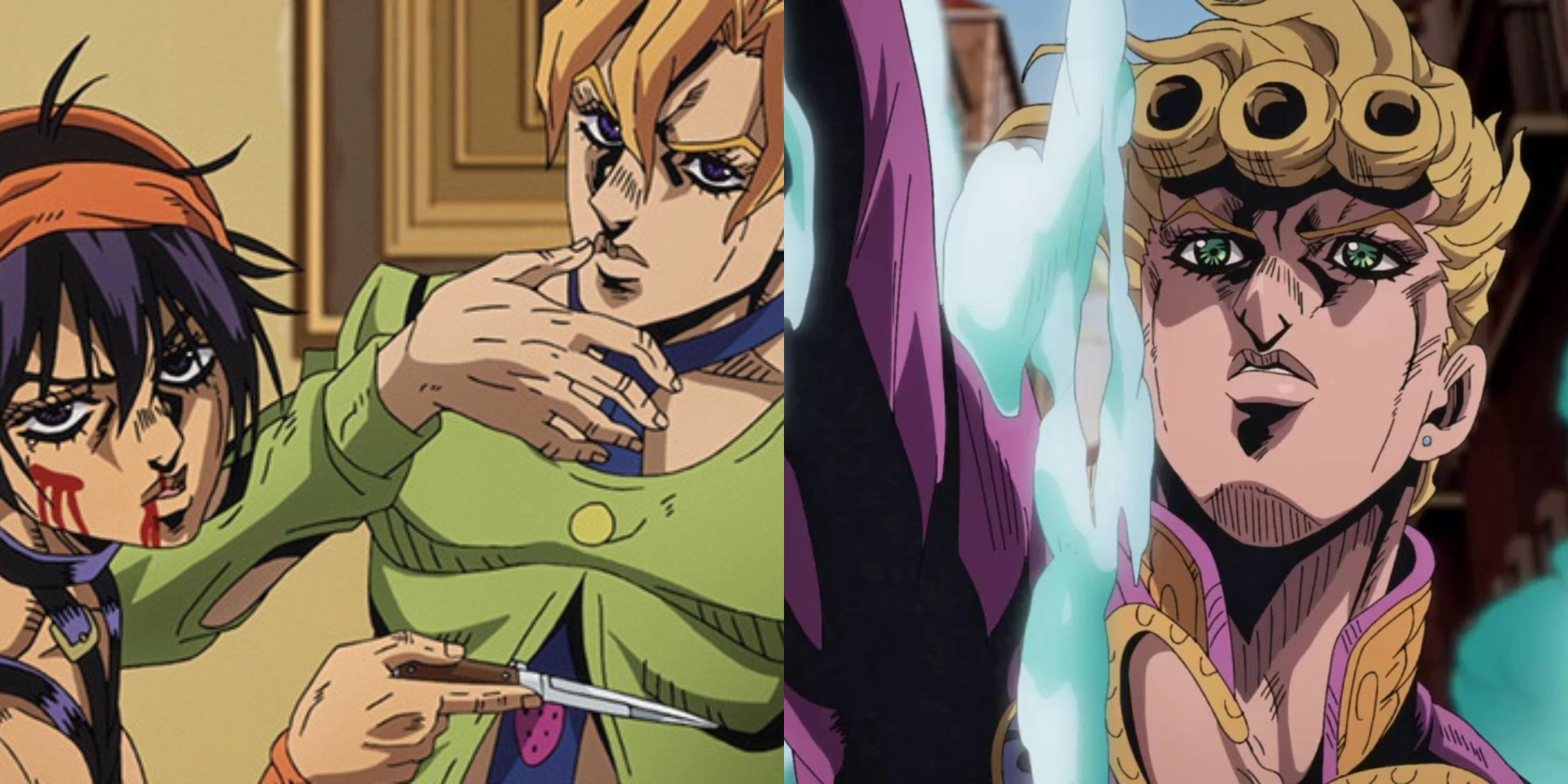 Giorno Giovanna and Bruno Bucciarati's team in their flamboyant Passione outfits