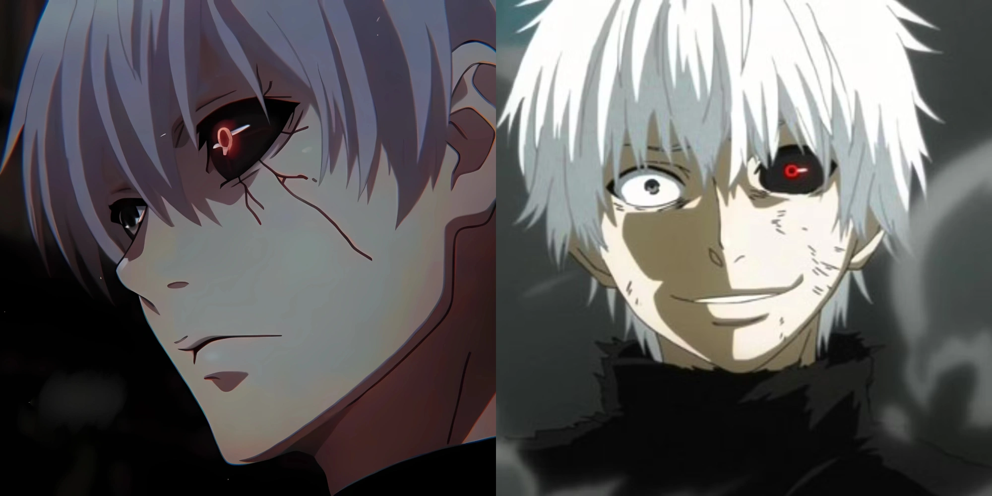 Kaneki with his iconic white hair and dark outfit as the Black Reaper