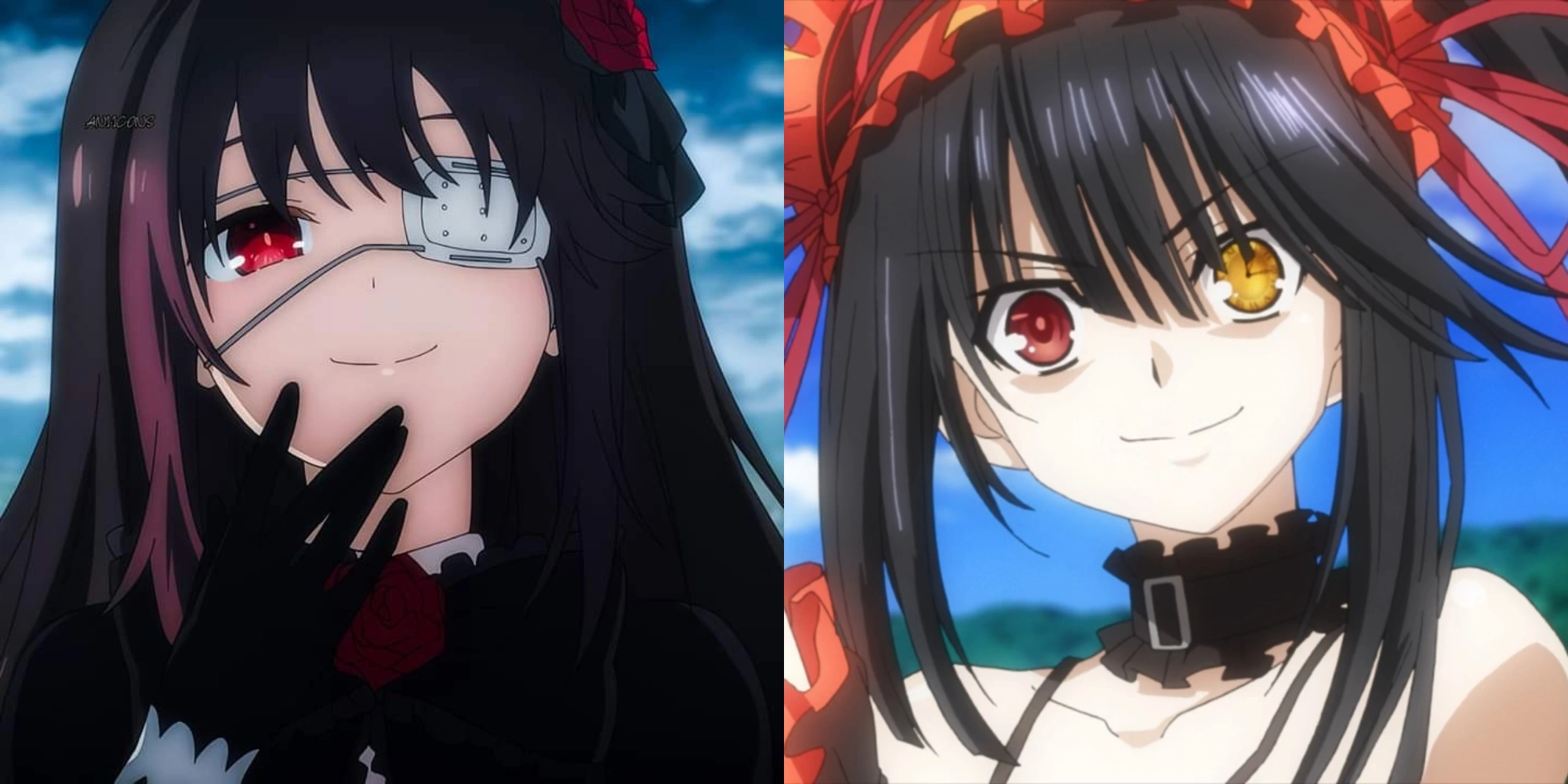 Kurumi in her elaborate black and red Gothic Lolita dress with heterochromatic eyes
