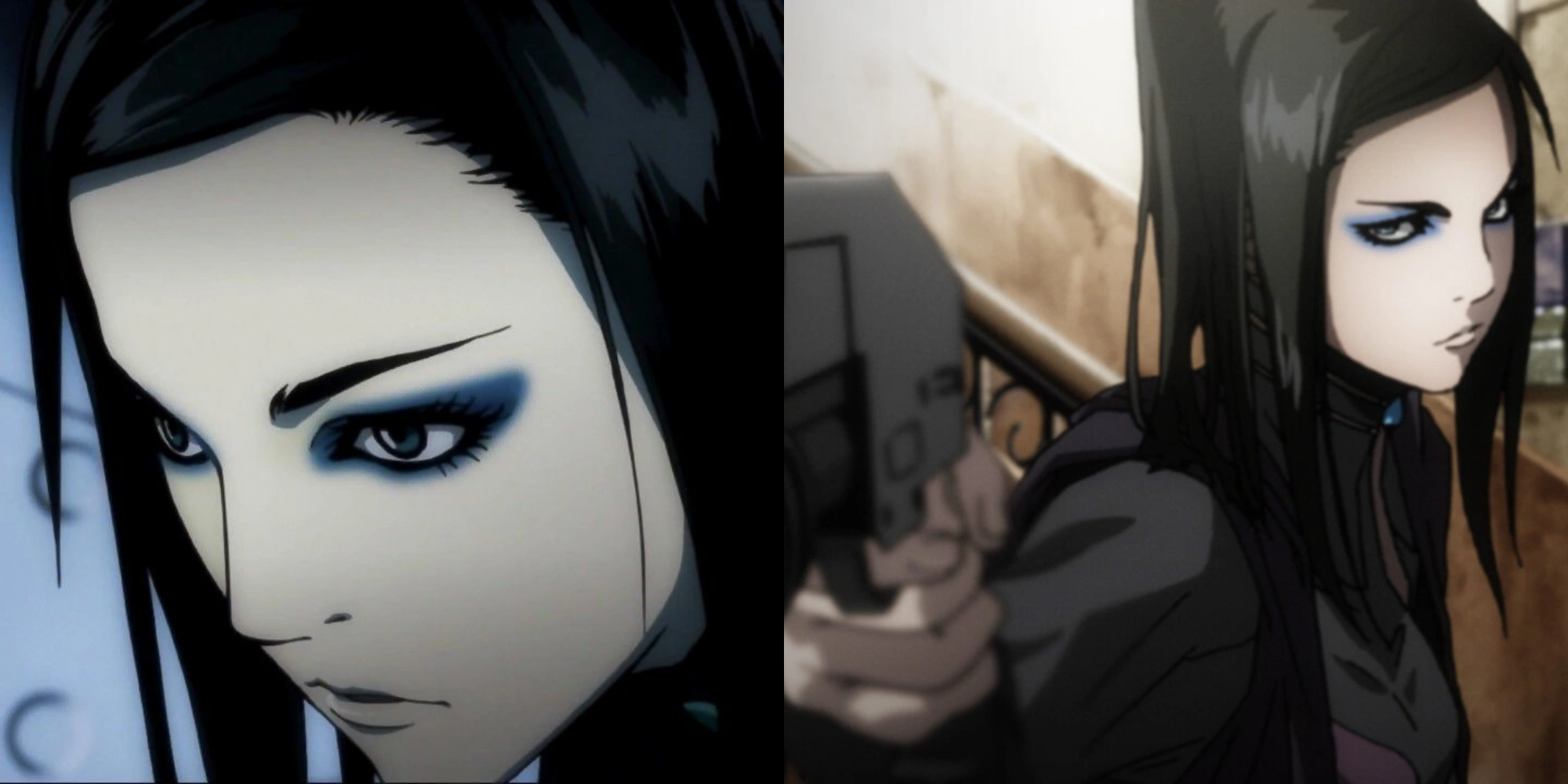 Re-L with her distinctive blue eyeshadow and dark utilitarian clothing